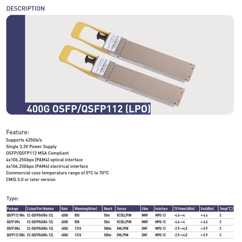 400G QSFP112 SR4 Hot-Plug Multimode Fiber Optic Transceiver 100m Διασύνδεση για κέντρα δεδομένων και οπτικές διασύνδεσεις