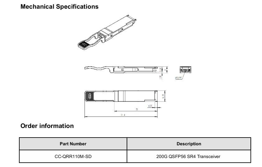 Λύση διασύνδεσης κέντρου δεδομένων 200G QSFP56 SR4 Οπτικός δέκτης μεταφοράς με απόσταση μετάδοσης 100m σε ίνες OM4