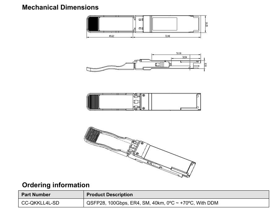 Μία και μόνο πηγή ισχύος 3.3V 100GBase QSFP28 ER4 40KM Οπτικό εξοπλισμό ινών διπλού τύπου LC Οπτική μονάδα δέκτη για τις απαιτήσεις σας
